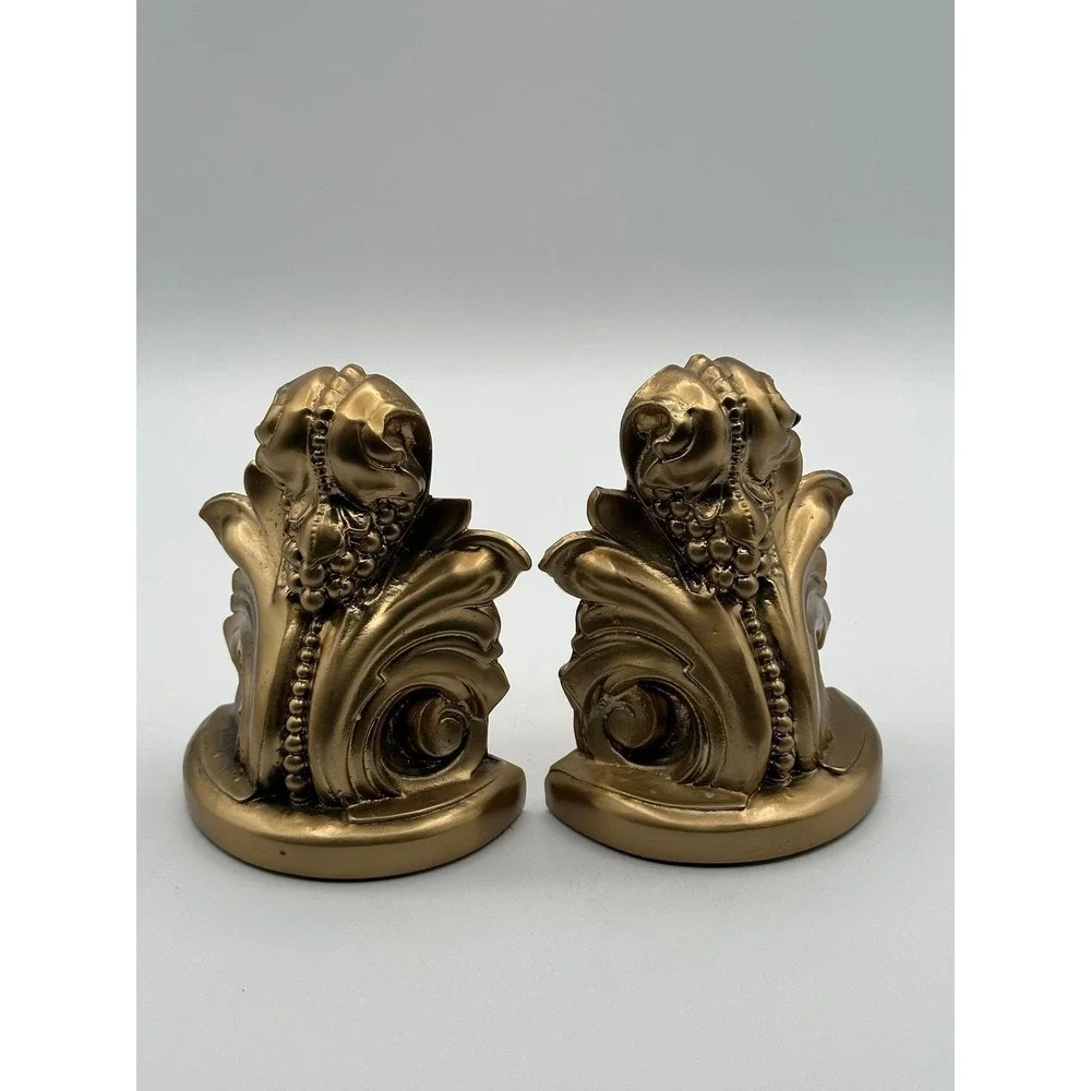 Vintage PM Craftsman Gold Scroll Bookends - Ornate Decorative Book Holders